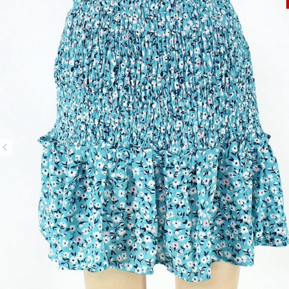 Aqua Blue Floral-Print Smocked  Good Luck Gem Women's Skirt - Picture 2 of 15